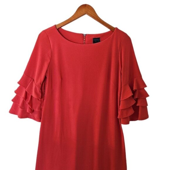 Gabby Style Orange Coral Midi‎ Shift Dress Bell Ruffle 3/4 Sleeve size 6 - Picture 4 of 16